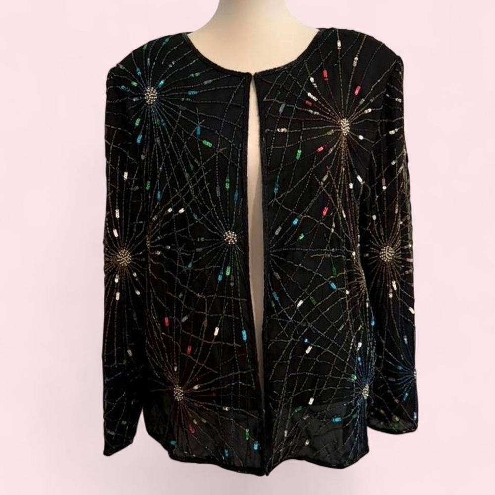 Laurence Kazar Black‎ 100% Silk Beaded Starburst Blouse Size 3XL